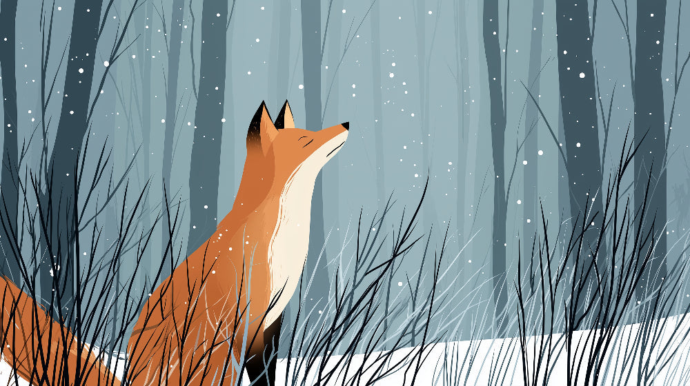 Detailed fox winter forest mural wallpaper design pattern featuring orange fox in snowy landscape by Kids-Mundo