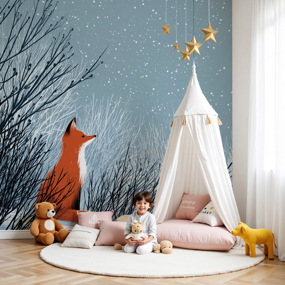Fox winter mural wallpaper creating serene snowy forest atmosphere in modern nursery by Kids-Mundo