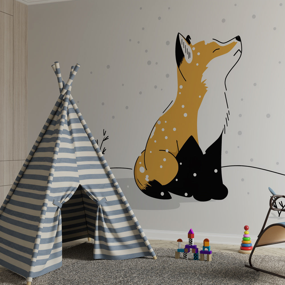 Snowy fox mural wallpaper in children's playroom with cozy reading nook and winter theme
