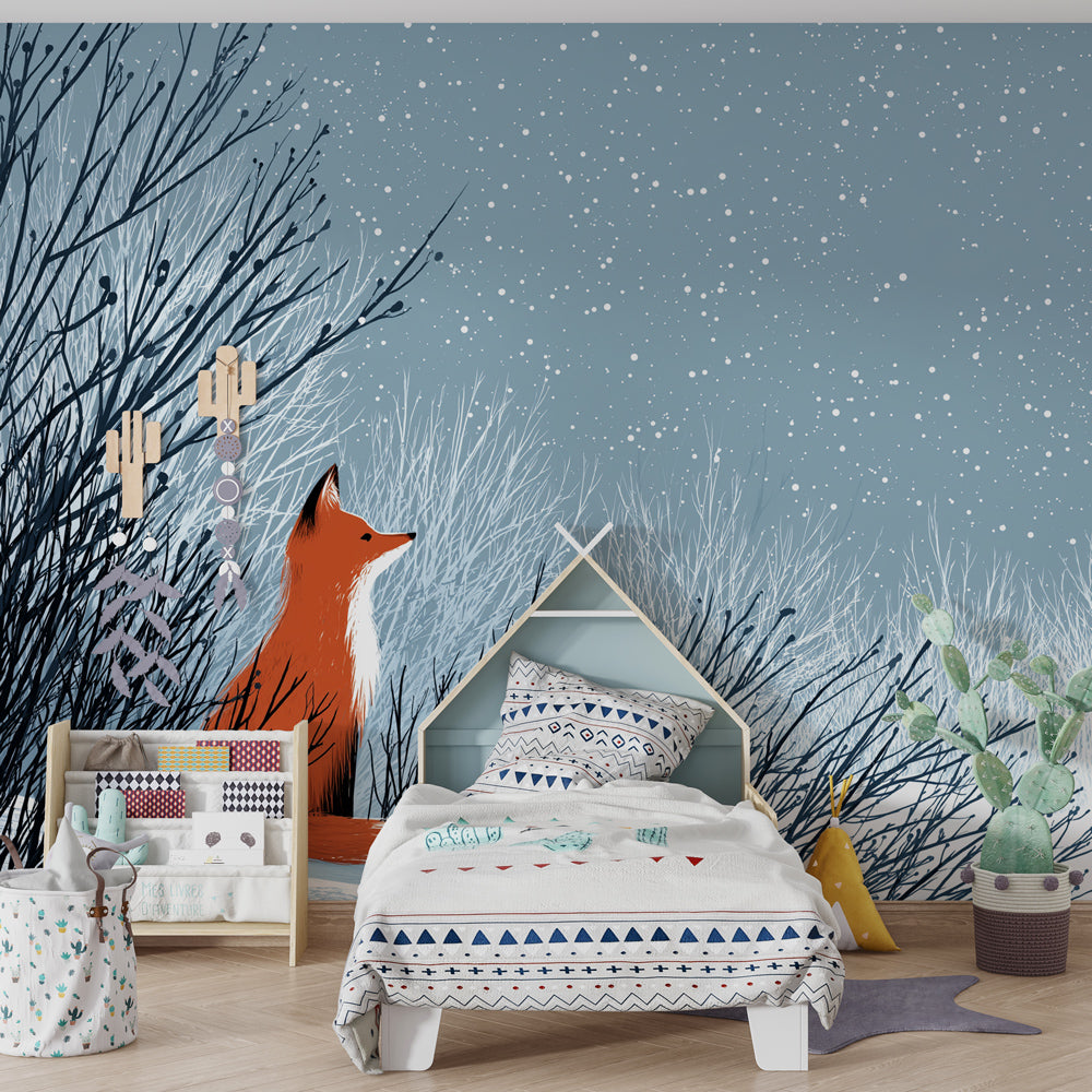 Snowy forest fox mural wallpaper transforming kids room into peaceful winter wonderland