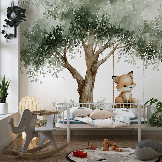Kids-Mundo fox on a swing wall mural bringing soft woodland charm to a kids bedroom wall