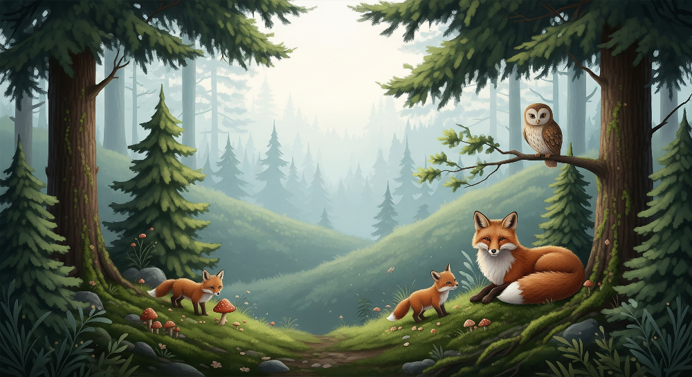Foxes and Owl in an Enchanted Forest Wall Mural
