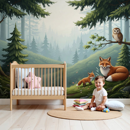 Kids-Mundo enchanted forest mural with resting foxes styled on a nursery wall above a cot