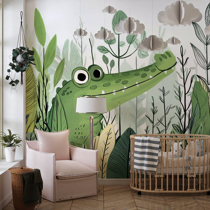 Kids-Mundo jungle crocodile wall mural covering a feature wall in a child's bedroom.