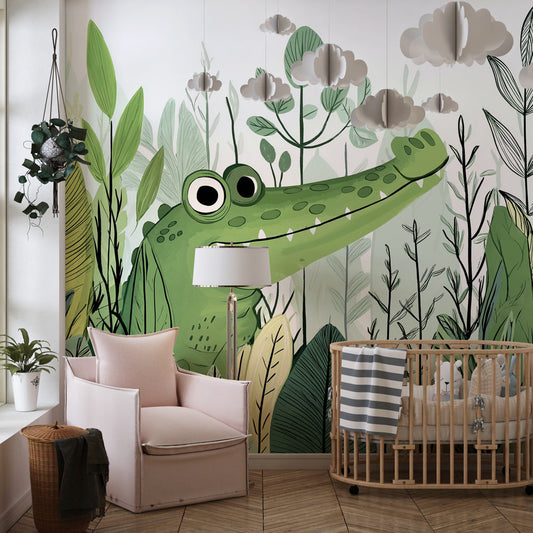 Kids-Mundo jungle crocodile wall mural covering a feature wall in a child's bedroom.