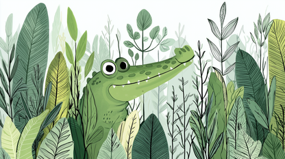 Flat artwork preview of the Kids-Mundo friendly crocodile and jungle leaves wall mural design.