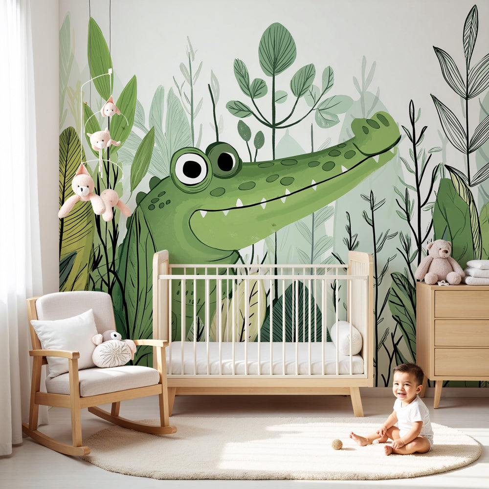 Kids-Mundo friendly crocodile jungle wall mural styled behind a cot in a soft green nursery.