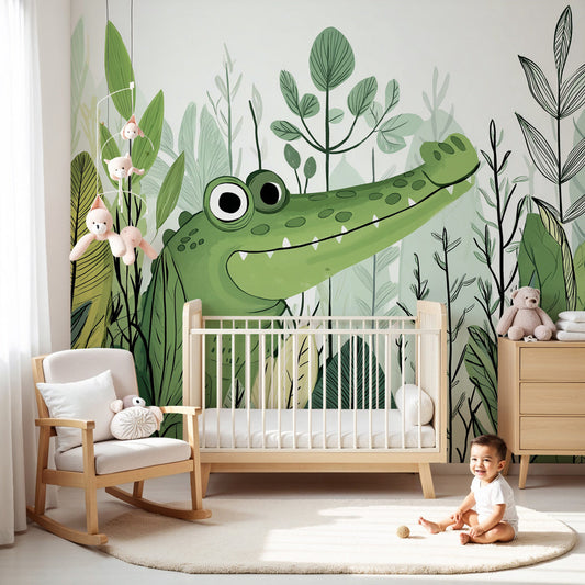 Kids-Mundo friendly crocodile jungle wall mural styled behind a cot in a soft green nursery.
