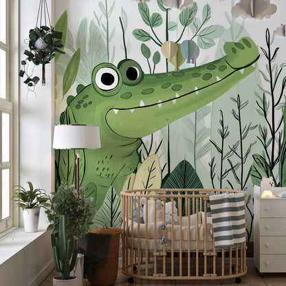 Kids-Mundo crocodile wall mural brightening a playroom wall behind toy baskets and cushions.