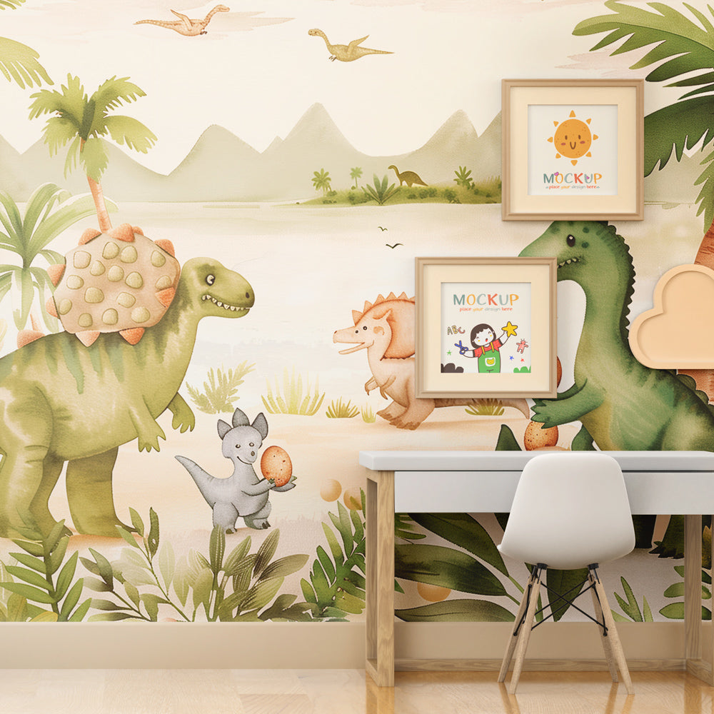 Kids-Mundo friendly dinosaurs beach wall mural featured as a soft feature in a kids bedroom.