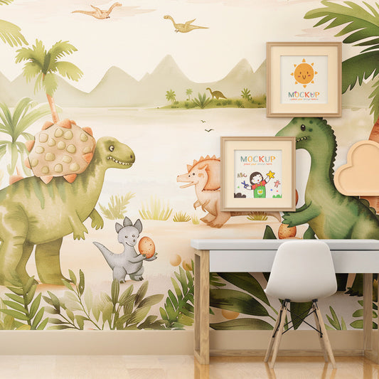 Kids-Mundo friendly dinosaurs beach wall mural featured as a soft feature in a kids bedroom.