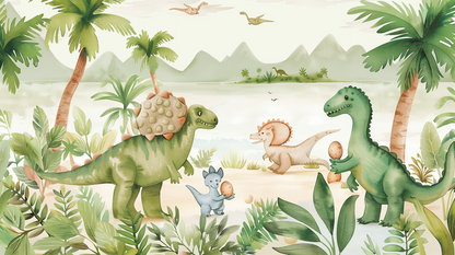 Kids-Mundo flat artwork preview of the complete friendly dinosaurs beach wall mural design.