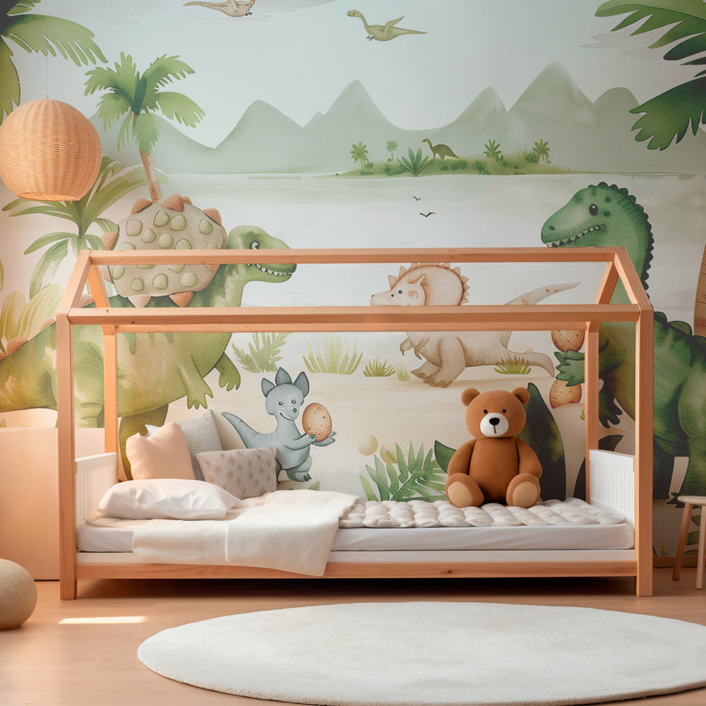 Kids-Mundo friendly dinosaurs beach wall mural brightening a gentle children's playroom wall.