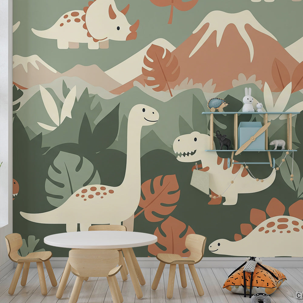 Kids-Mundo friendly dinosaur wall mural covering a wall in a toddler's nursery
