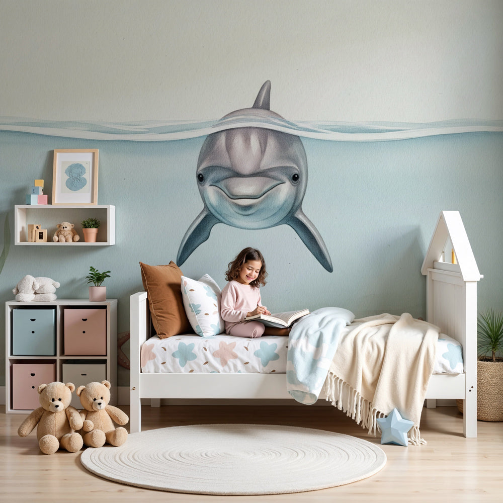 Friendly dolphin wall mural by Kids-Mundo styled in a soft pastel nursery with starfish accents.