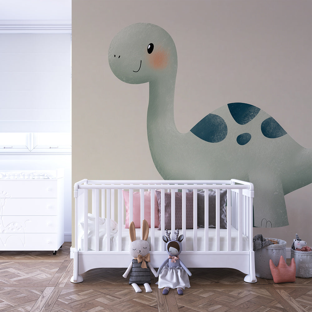 Kids-Mundo dinosaur wall mural behind a child's bed in a bright, playful kids bedroom