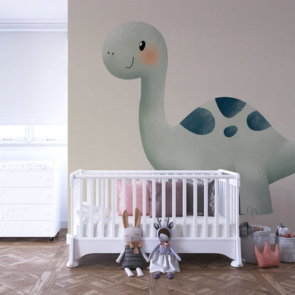Kids-Mundo dinosaur wall mural behind a child's bed in a bright, playful kids bedroom
