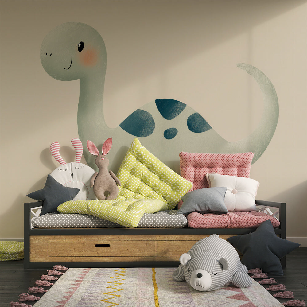 Kids-Mundo green dinosaur wall mural covering a wall in a colourful children's playroom