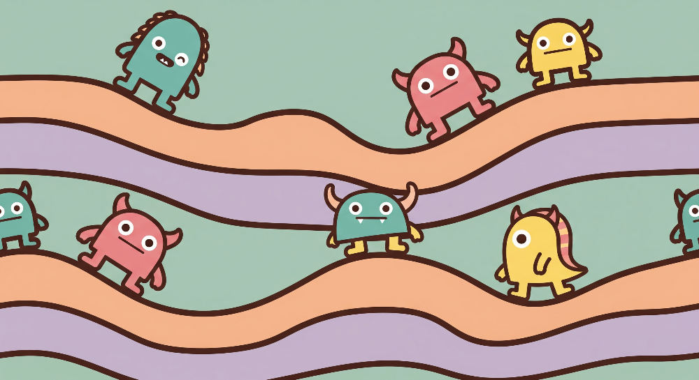 Kids-Mundo flat artwork of teal, pink and yellow monsters on wavy coloured paths
