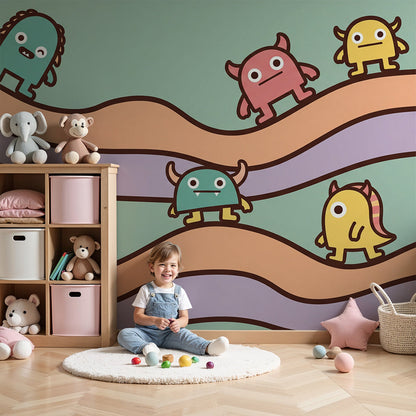 Kids-Mundo friendly monster parade wall mural above a cot in a playful mint nursery