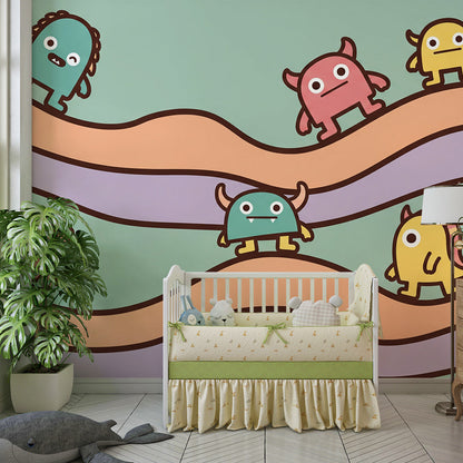 Kids-Mundo friendly monster wall mural brightening a colourful children's playroom