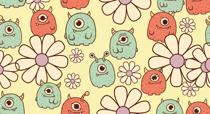 Kids-Mundo flat artwork of the friendly monster and daisy wall mural design.