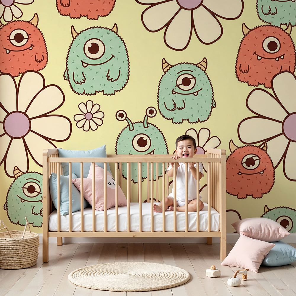 Kids-Mundo monster and daisy wall mural styled in a bright, cheerful nursery.