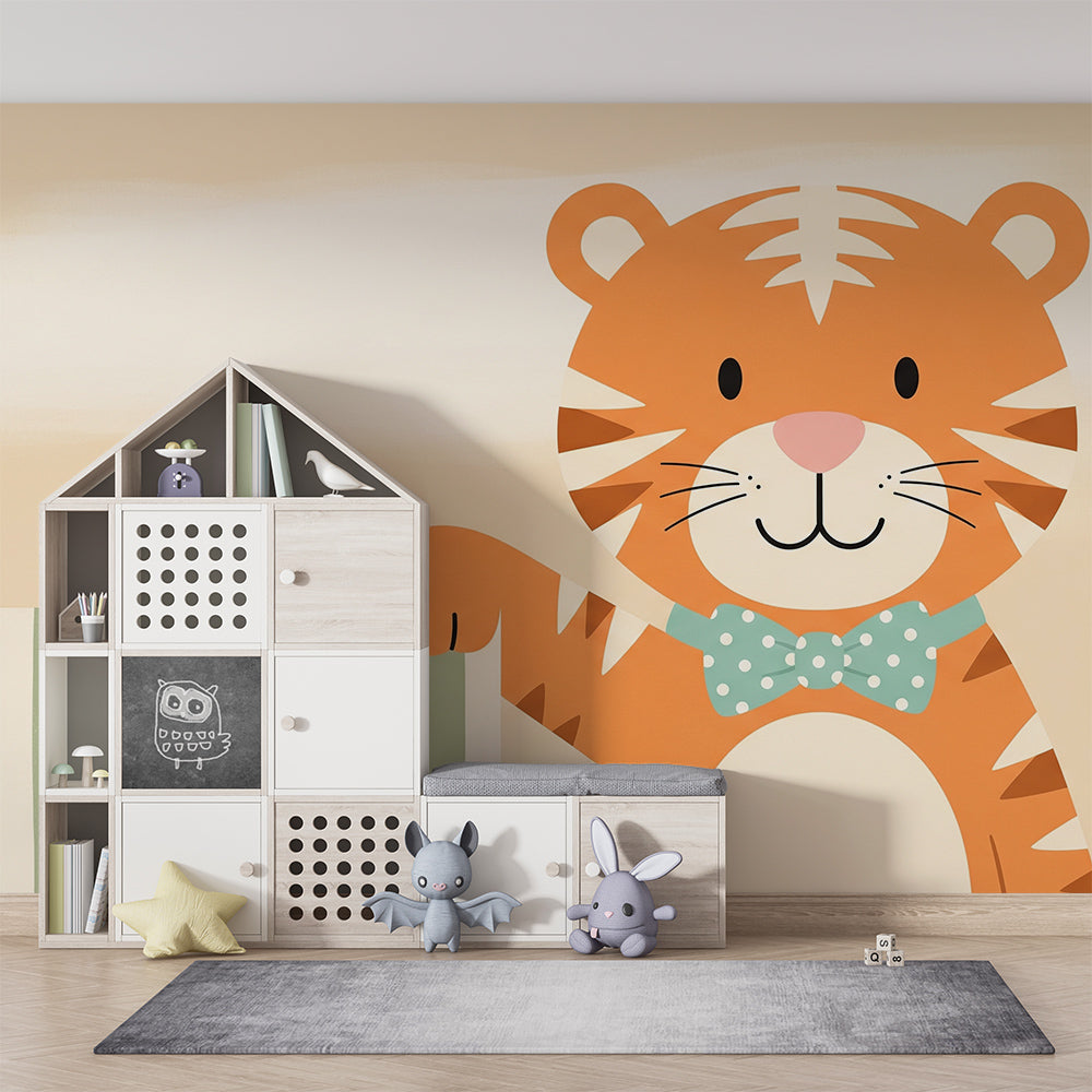 Kids-Mundo tiger cub wall mural with a mint bow tie in a cosy kids bedroom space
