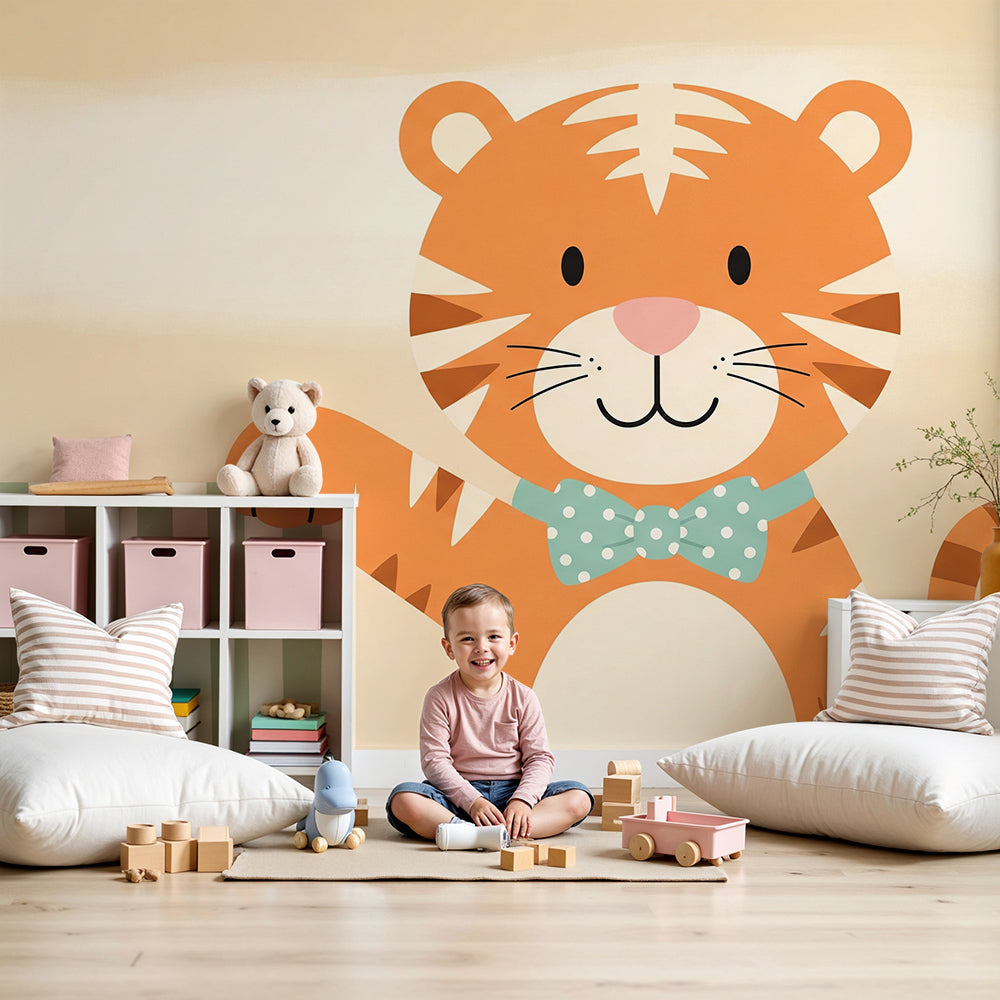 Kids-Mundo friendly bow tie tiger cub mural styled in a calm cream nursery room setting