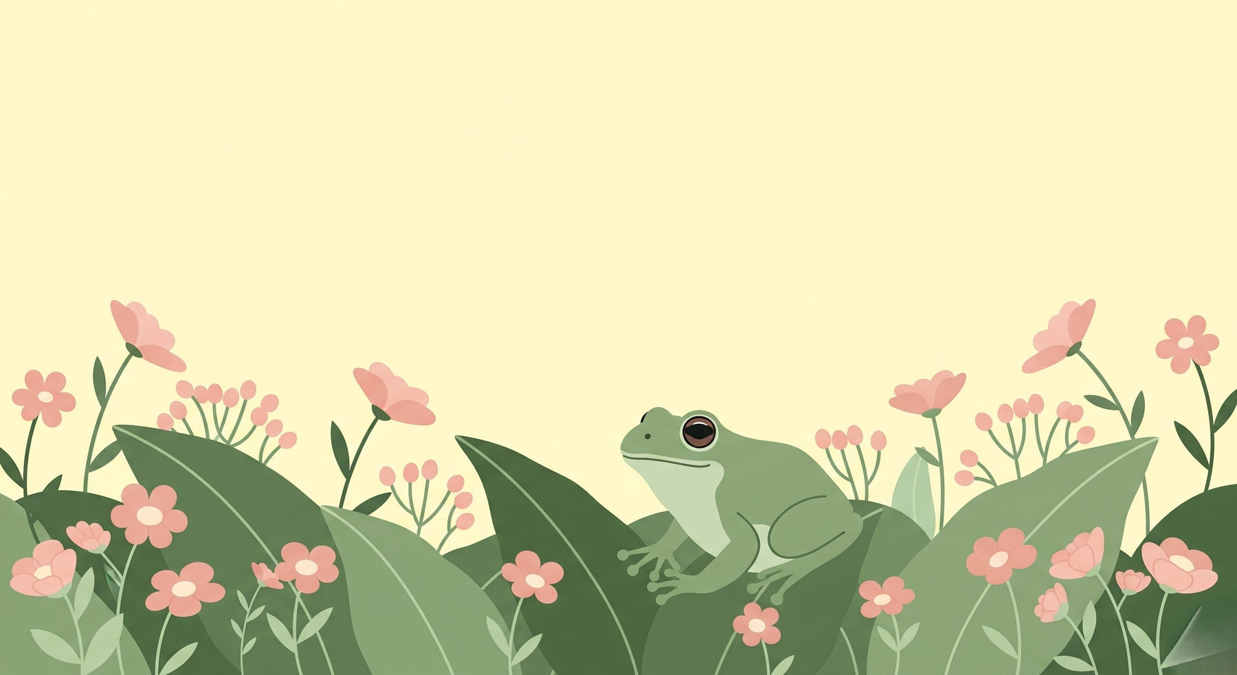 Complete frog garden mural wallpaper design pattern with flowers and nature elements by Kids-Mundo