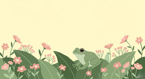 Complete frog garden mural wallpaper design pattern with flowers and nature elements by Kids-Mundo