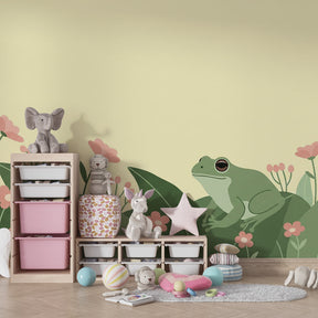 Close-up of frog garden mural wallpaper showing delicate flowers and pastel yellow background