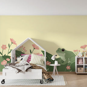 Nature-themed frog wallpaper creating peaceful atmosphere in children's bedroom decor