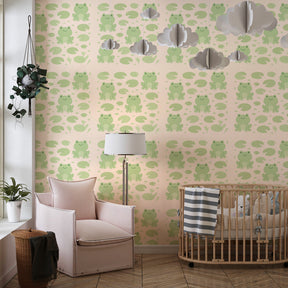 Green frog lily pad wallpaper creating magical aquatic theme in children's bedroom