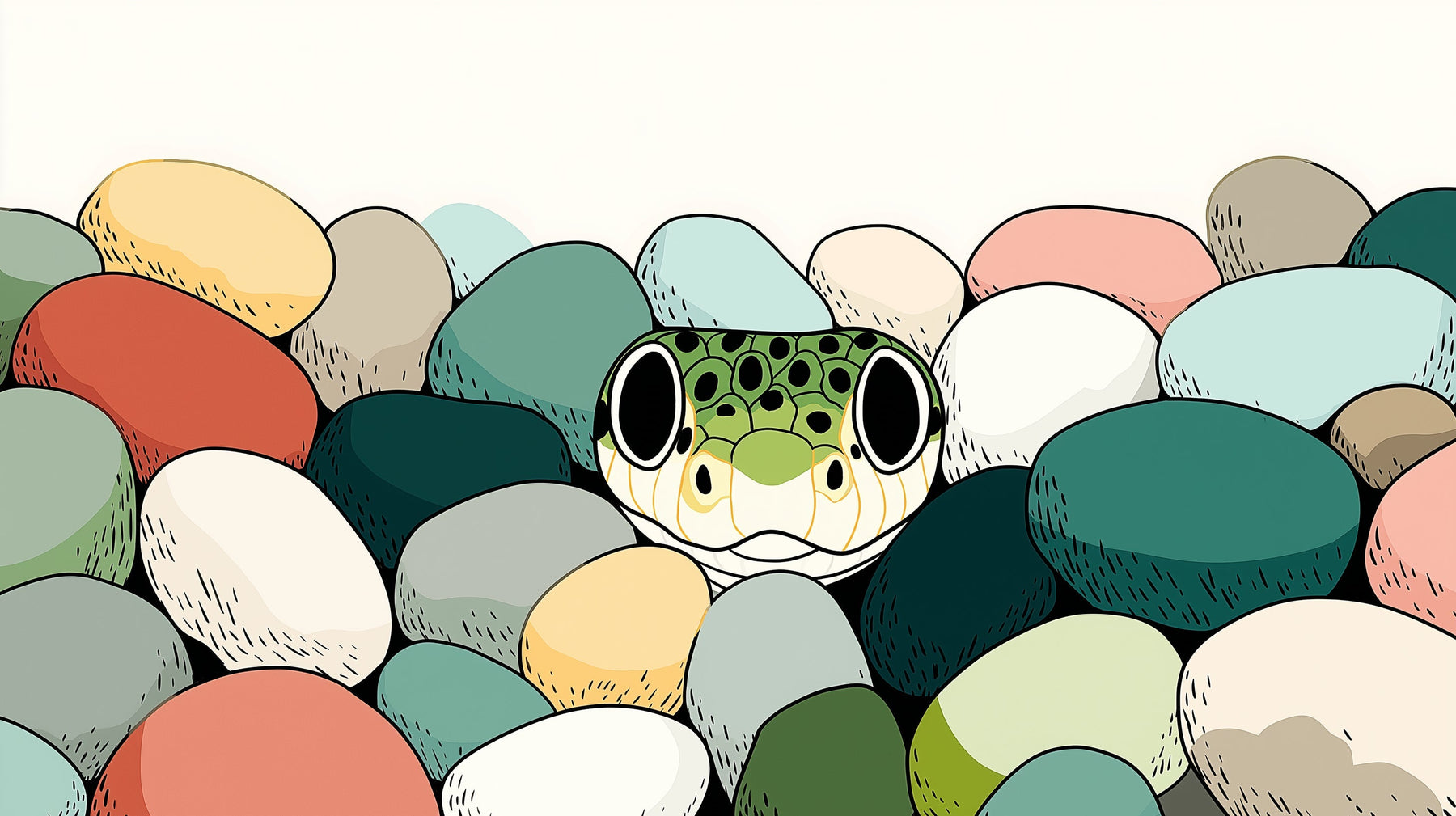 Detailed frog and colorful pebbles mural wallpaper design pattern by Kids-Mundo