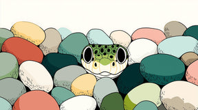 Detailed frog and colorful pebbles mural wallpaper design pattern by Kids-Mundo