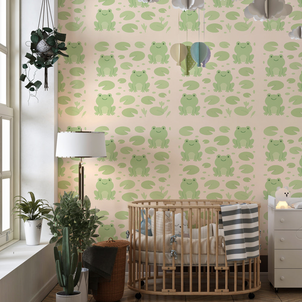 Nature-themed frog wallpaper transforming kids playroom into pond paradise by Kids-Mundo
