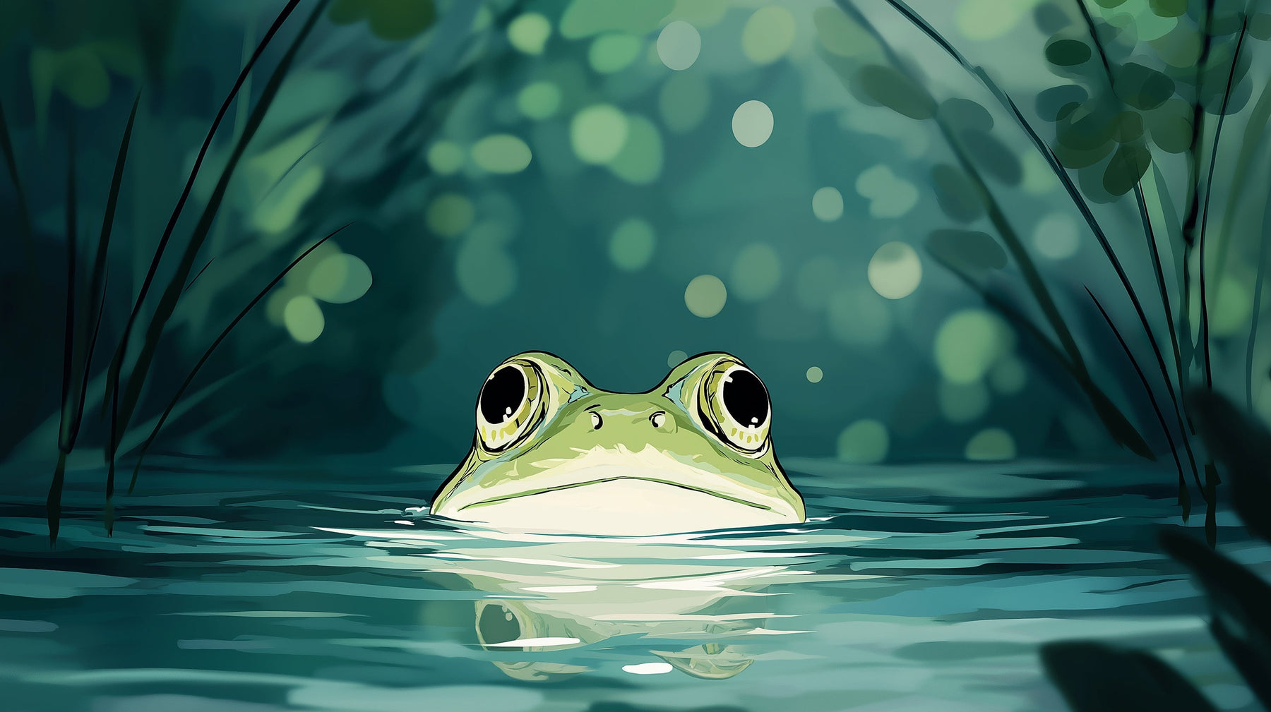 Detailed frog pond mural wallpaper design pattern showing aquatic nature scene by Kids-Mundo