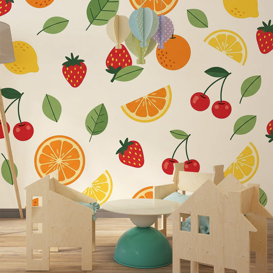 Kids-Mundo strawberry and citrus wall mural made to measure on a feature wall in a kids bedroom