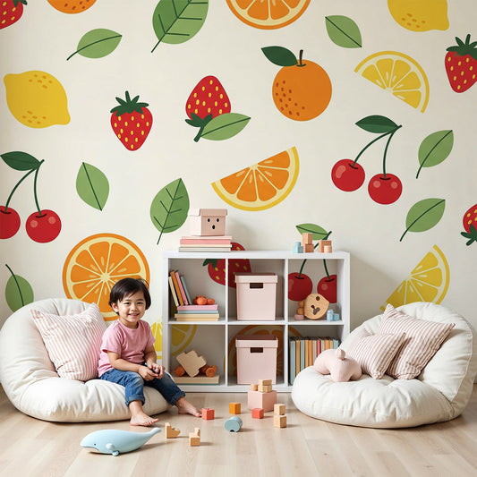 Kids-Mundo fruit pattern nursery wall mural behind a cot in a soft, sunlit baby's room