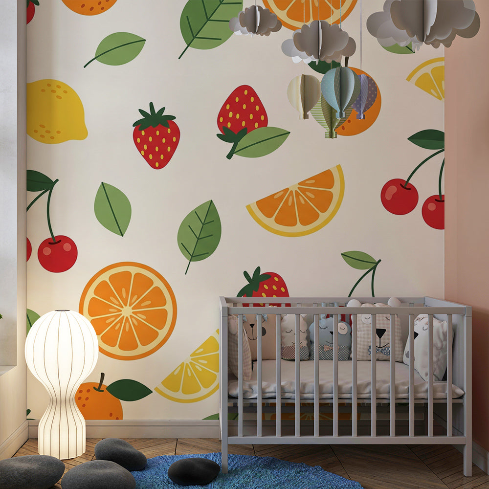 Kids-Mundo colourful fruit wall mural brightening a playroom wall with cherries and lemons