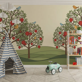 Nature-themed fruit trees wallpaper creating peaceful kids bedroom atmosphere with natural colors