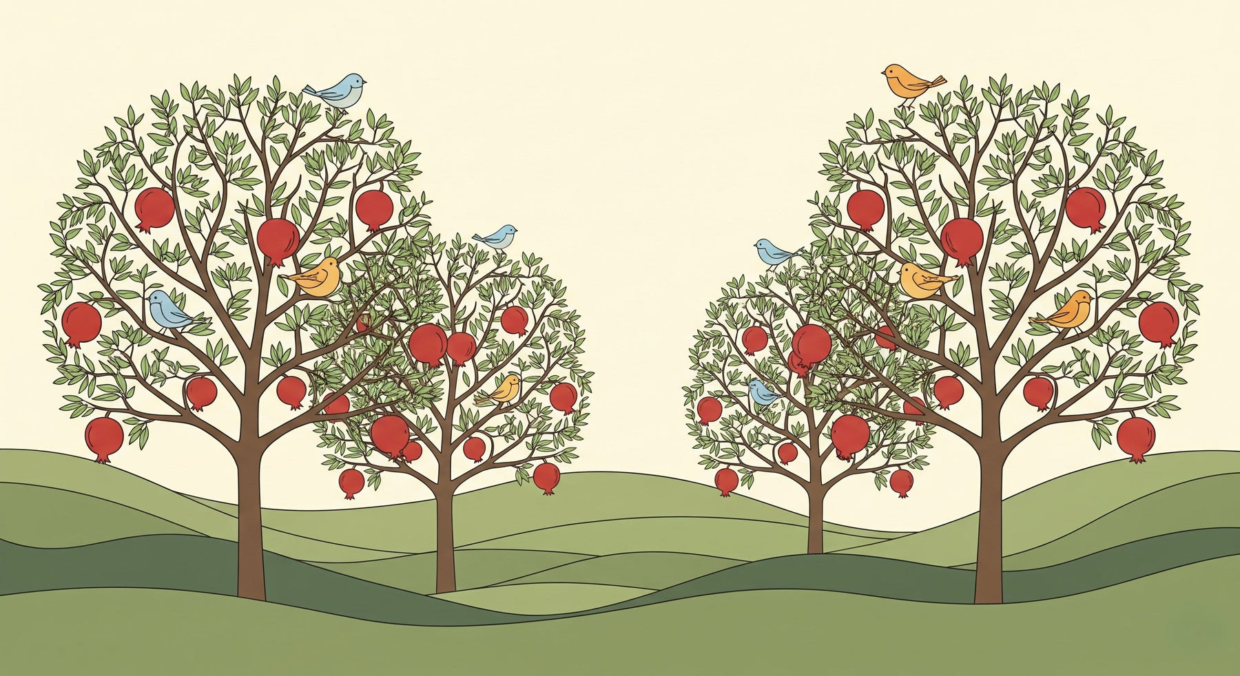 Detailed fruit trees mural wallpaper design pattern with colorful birds and pomegranates by Kids-Mundo
