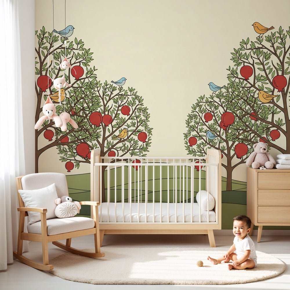 Fruit trees mural wallpaper with birds and pomegranates decorating modern nursery by Kids-Mundo