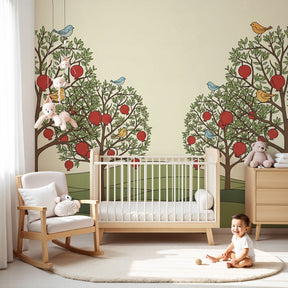 Fruit trees mural wallpaper with birds and pomegranates decorating modern nursery by Kids-Mundo