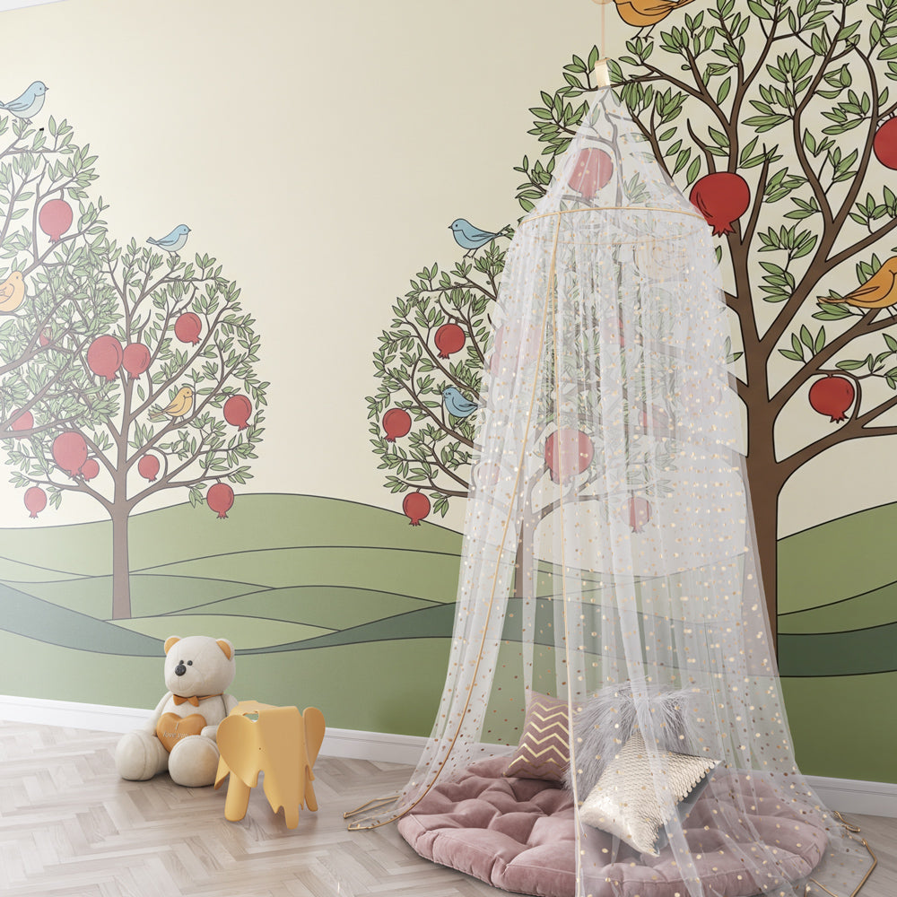 Botanical fruit trees mural wallpaper transforming children's playroom with birds and pomegranates