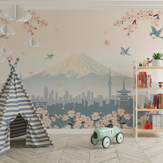 Kids-Mundo Mount Fuji blossom wall mural on a feature wall in a vibrant kids bedroom.