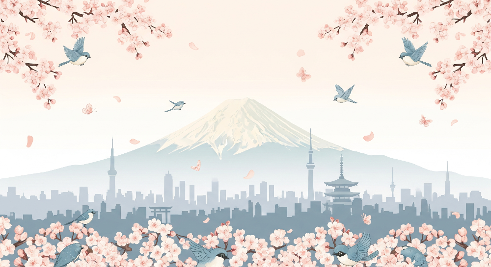 Mount Fuji Blossom and Songbird Wall Mural