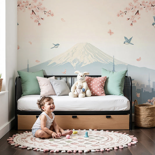 Kids-Mundo cherry blossom and songbird wall mural styled in a bright, colourful nursery.