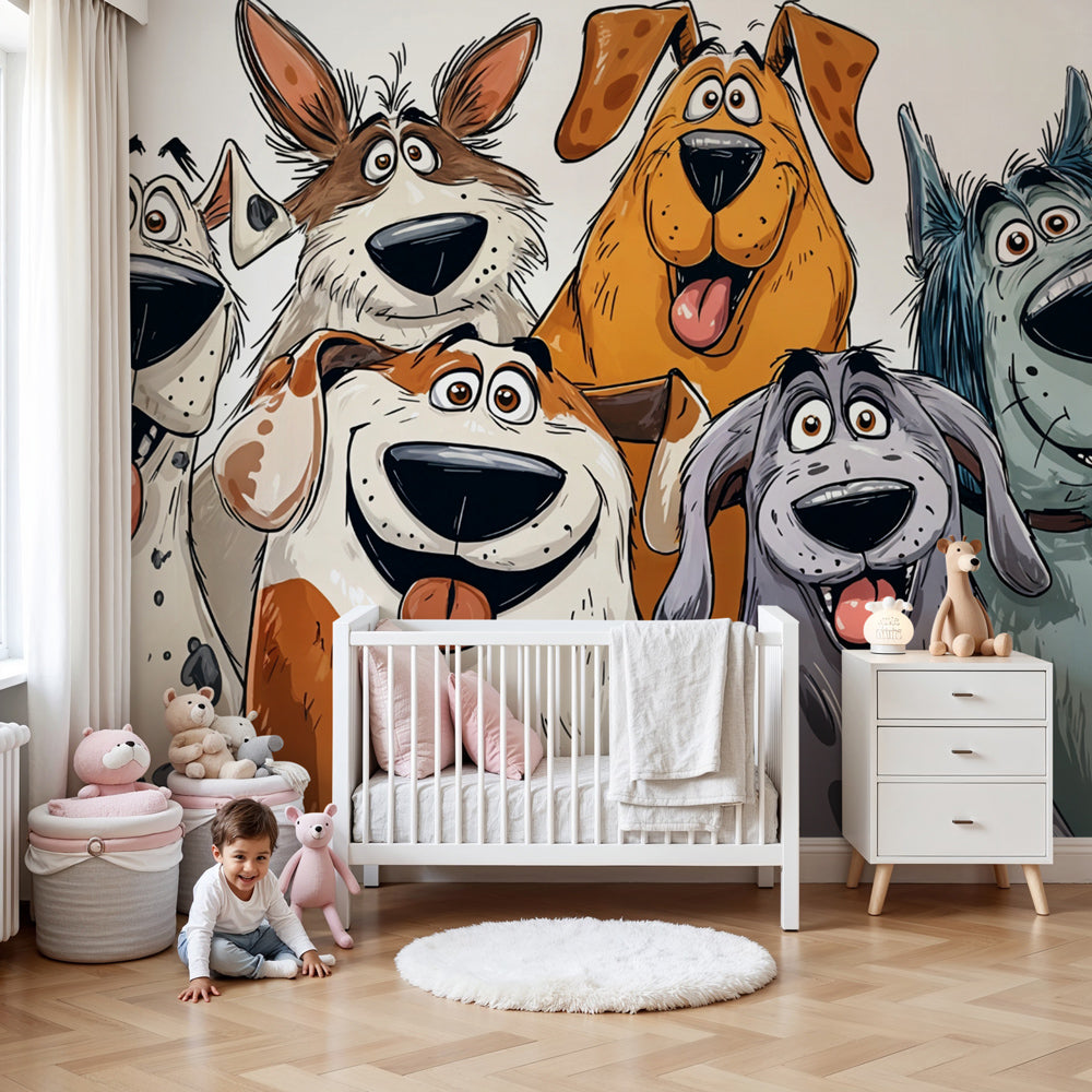 Kids-Mundo funny cartoon dog pack wall mural styled in a bright nursery room